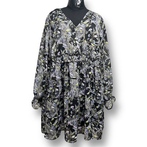 Torrid 3X Floral Black Chiffon Tiered Dress Mini Lurex Long Sleeve Boho V-Neck - Picture 4 of 10